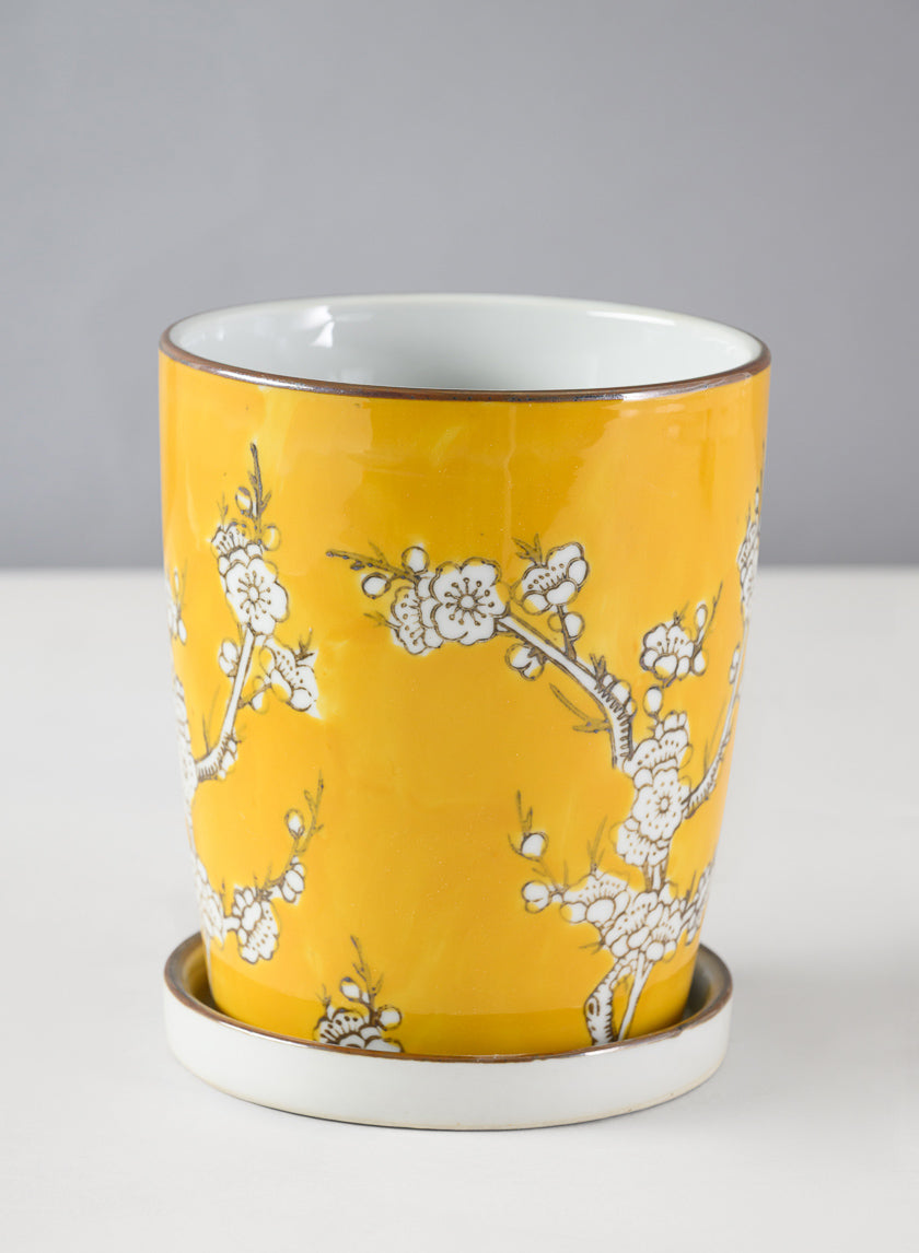 6in Tall Saffron Ceramic Pot with Saucer - Image 2