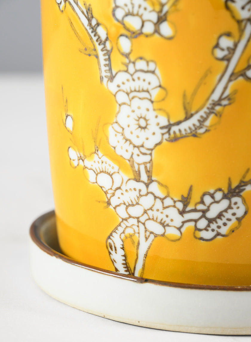 6in Tall Saffron Ceramic Pot with Saucer - Image 4