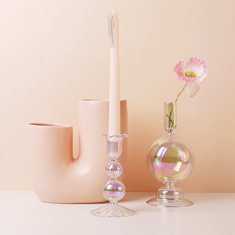 Clear Rainbow Iridescent Blown Glass Candle Holder - Image 2