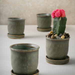 3in Tall Aged Green Ceramic Pot with Saucer Set of 4