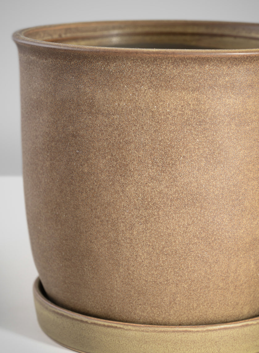 7.5in Tall Dark Brown Ceramic Pot with Saucer - Image 3