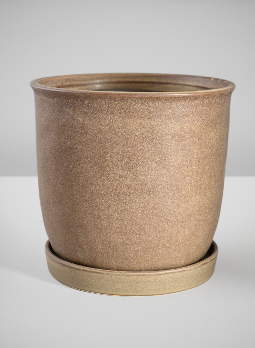 7.5in Tall Dark Brown Ceramic Pot with Saucer - Image 2