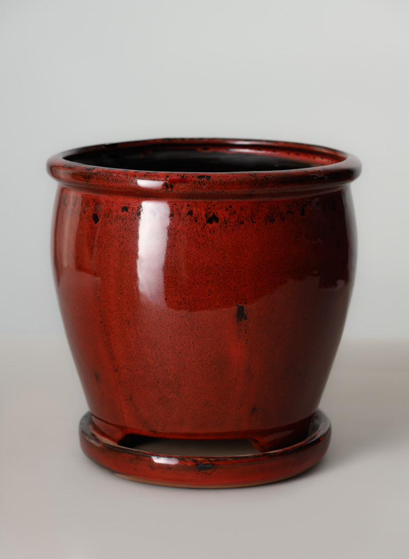 7in Tall Oxblood Red Ceramic Pot with Saucer - Image 2