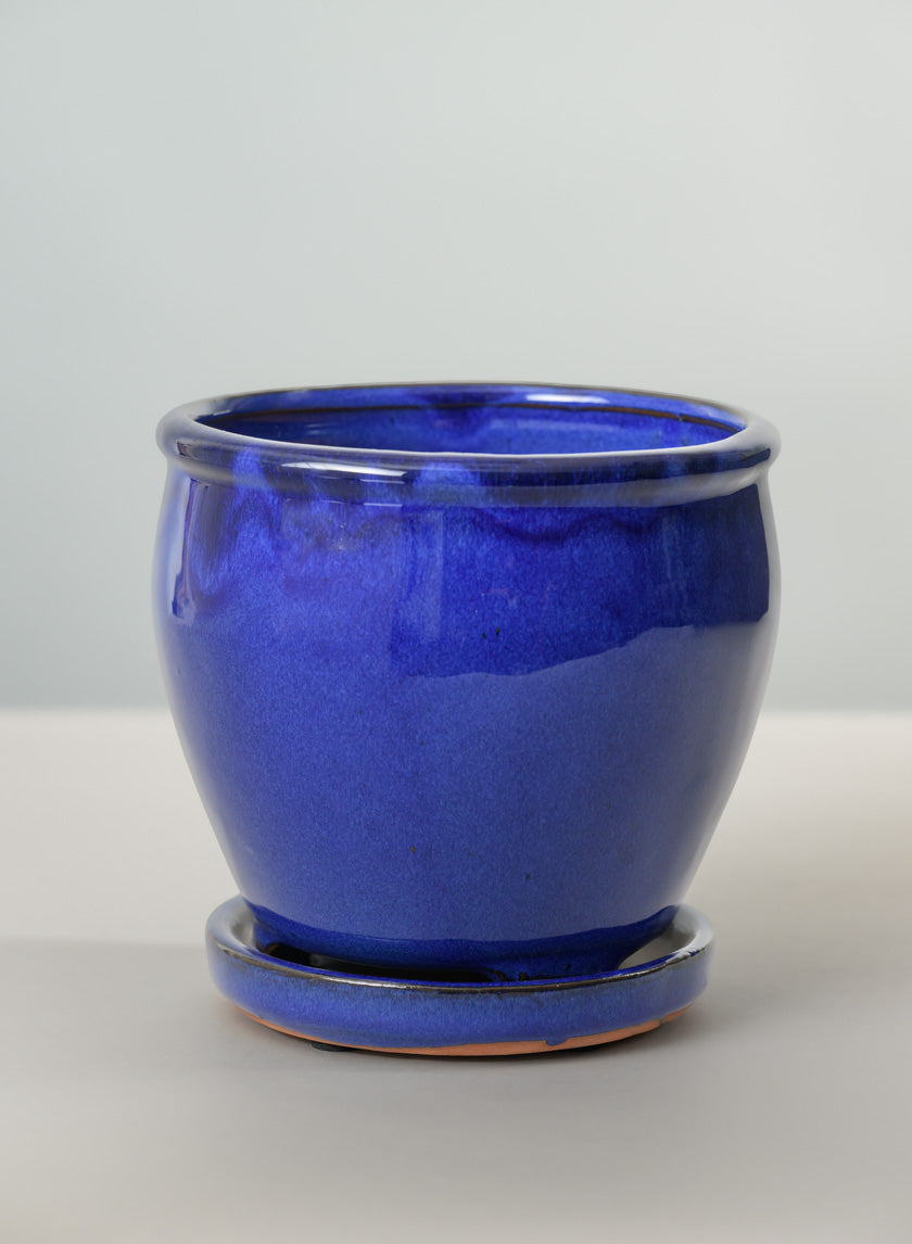 6in Tall Blue Glaze Ceramic Pot with Saucer - Image 2