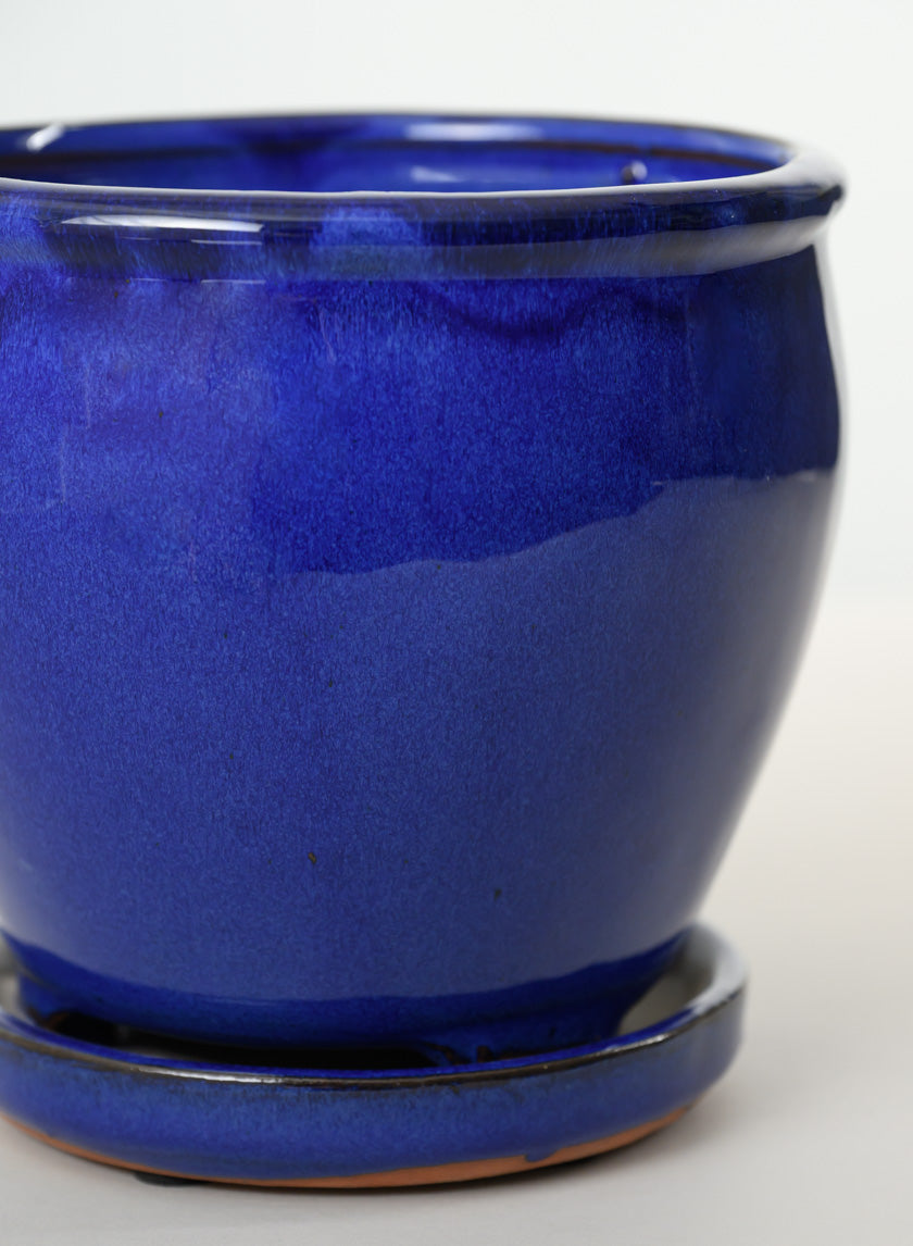 6in Tall Blue Glaze Ceramic Pot with Saucer - Image 3