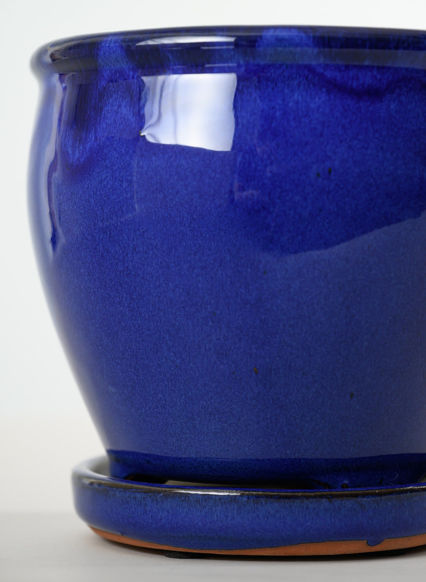 6in Tall Blue Glaze Ceramic Pot with Saucer - Image 4