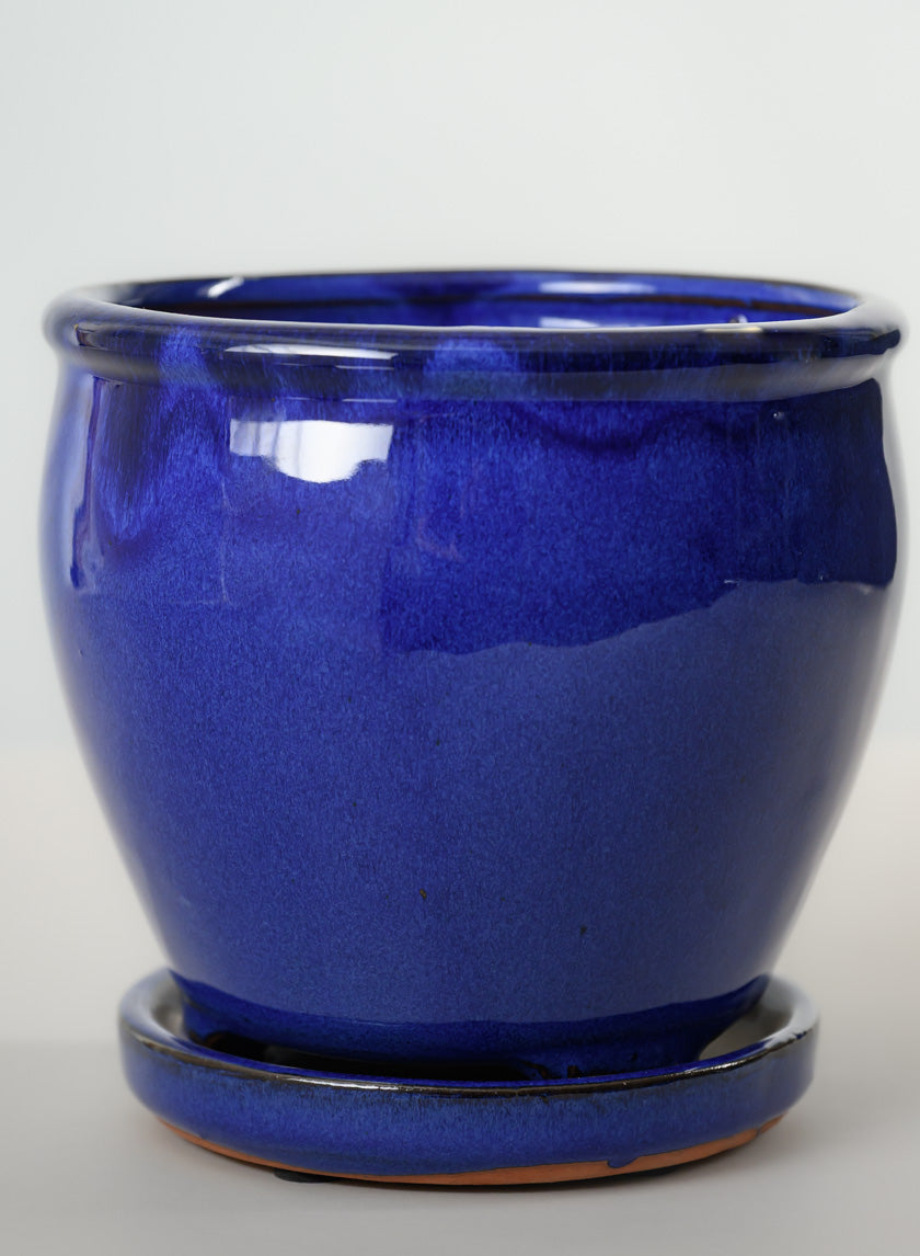 6in Tall Blue Glaze Ceramic Pot with Saucer - Image 5