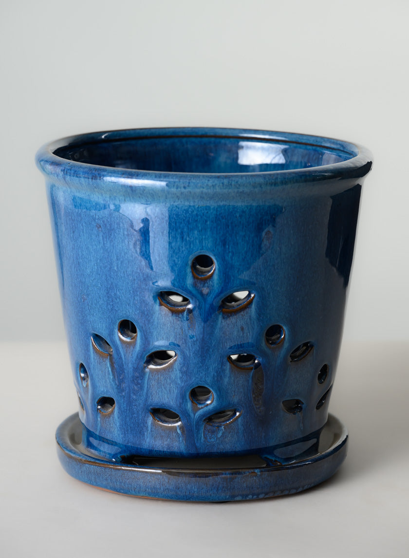 7in Tall Blue Orchid Ceramic Pot with Saucer - Image 2
