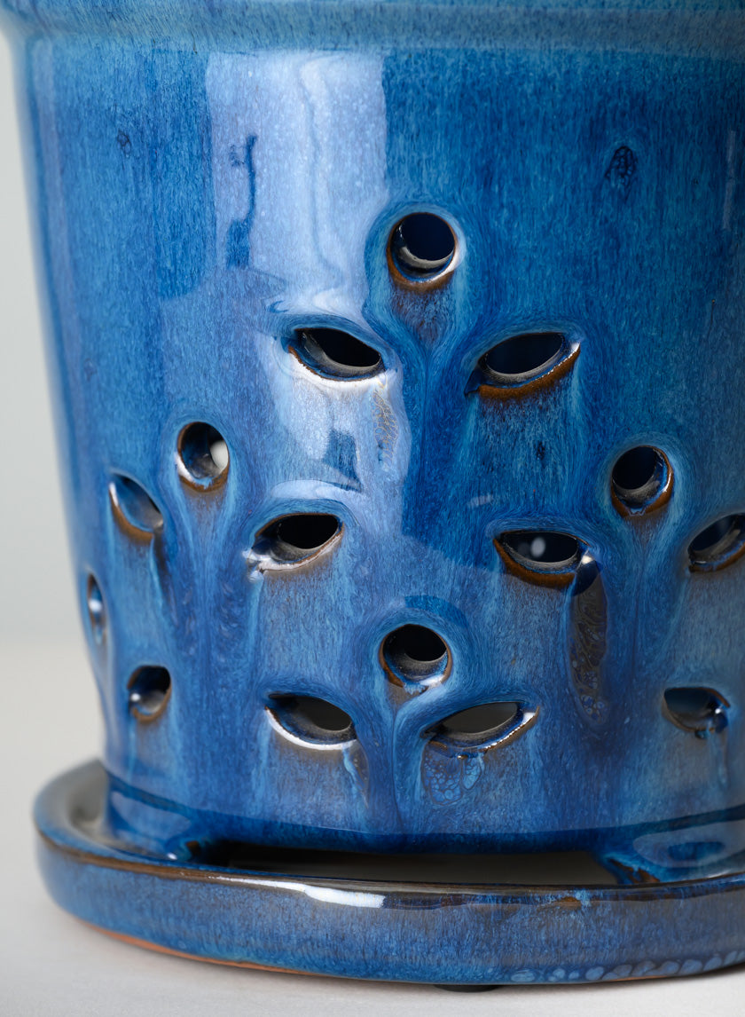 7in Tall Blue Orchid Ceramic Pot with Saucer - Image 3