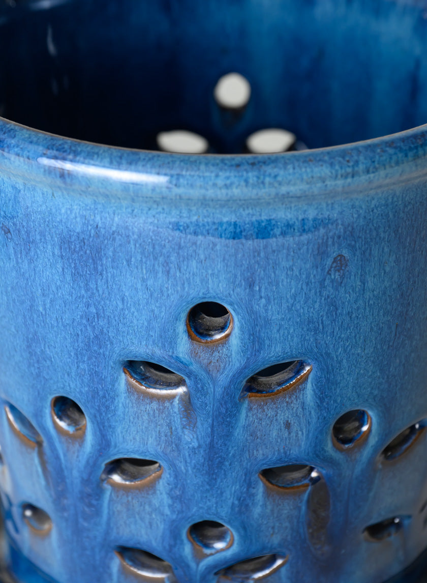 7in Tall Blue Orchid Ceramic Pot with Saucer - Image 4