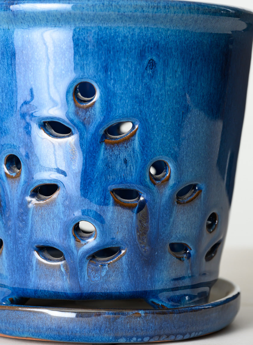 7in Tall Blue Orchid Ceramic Pot with Saucer - Image 5