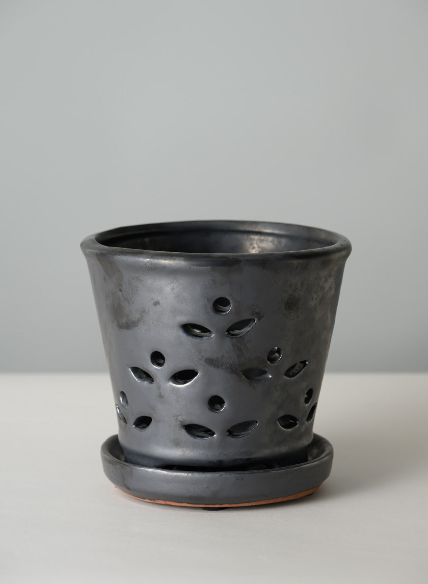 6in Tall Platinum Orchid Ceramic Pot with Saucer - Image 2