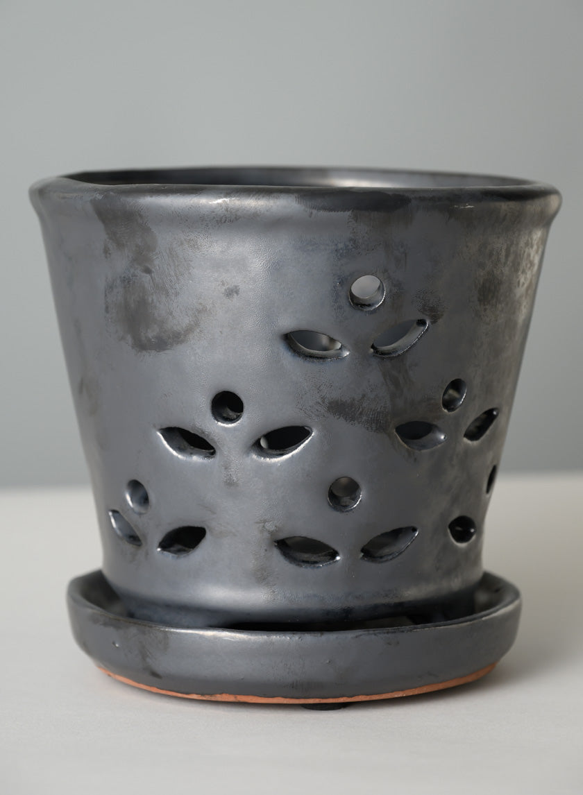 6in Tall Platinum Orchid Ceramic Pot with Saucer - Image 5