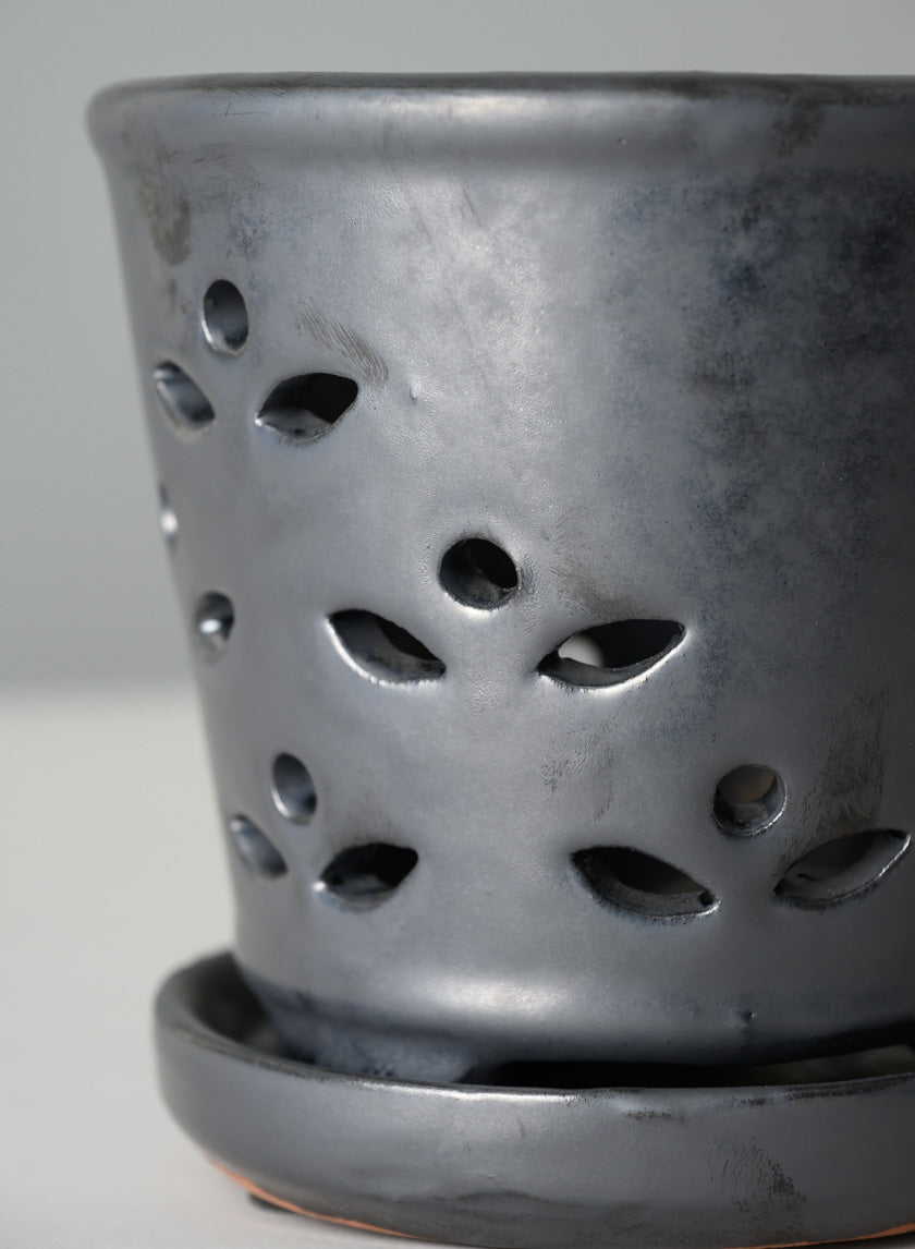 6in Tall Platinum Orchid Ceramic Pot with Saucer - Image 3