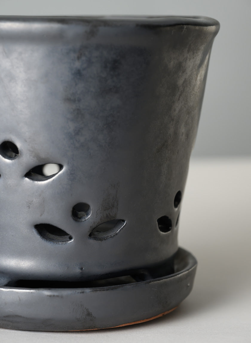 6in Tall Platinum Orchid Ceramic Pot with Saucer - Image 4